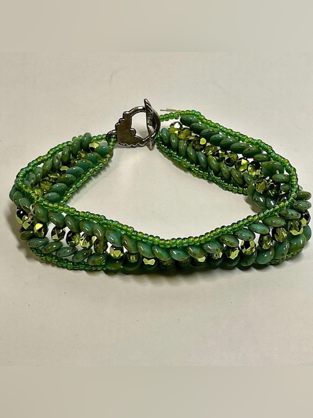 Handmade Iridescent Sage Green Crystal & Seed Bead Cuff Bracelet Toggle Closure